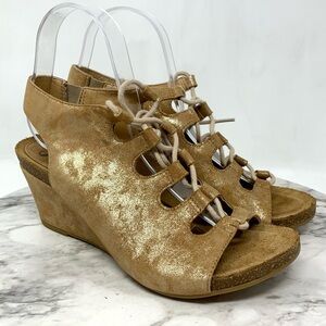 Sofft Maize Ghillie Lace Brown/Gold Metallic Nubuck Comfort Wedge Sandals 8 Boho